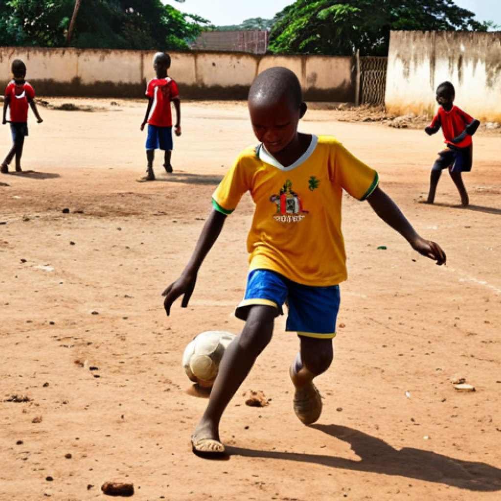 A vibrant street scene in Maputo, Mozambique, showcasing children playing soccer in a dusty field, reflecting the growing enthusiasm for grassroots sports.