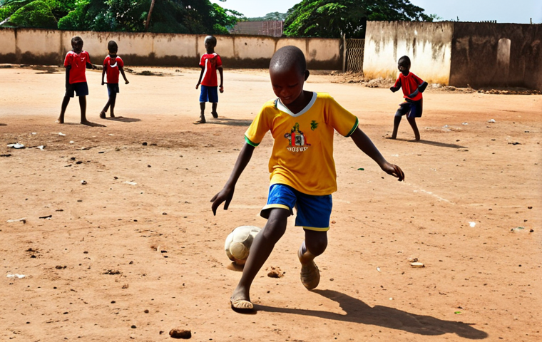 A vibrant street scene in Maputo, Mozambique, showcasing children playing soccer in a dusty field, reflecting the growing enthusiasm for grassroots sports.