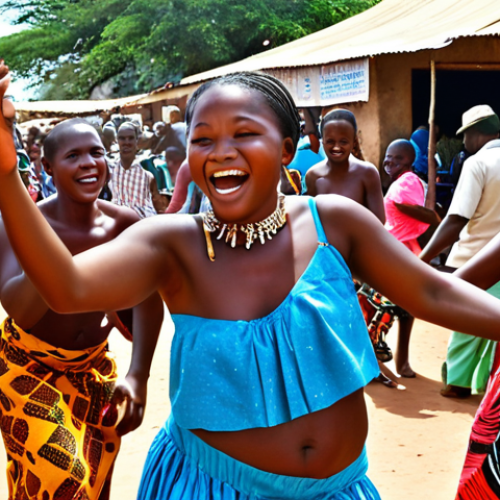 Home 18 **
"A vibrant marketplace scene in Mozambique, filled with colorful fabrics and local crafts. In the center, a group of musicians plays Marrabenta music with energy and passion, attracting dancers and onlookers. Focus on the lively atmosphere and the joy of the music."
**