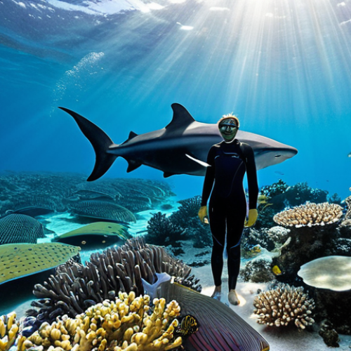 Home 17 **Prompt:** A vibrant underwater scene in the clear, turquoise waters of the Indian Ocean near the Bazaruto Archipelago. Colorful coral reefs in shades of blue, yellow, and soft pink, teeming with diverse fish schools like elegant doctorfish and shimmering parrotfish. A majestic, gentle whale shark gracefully glides through the background. A professional diver, fully clothed in a modest, full-body wetsuit, observes the scene from a respectful distance. Sunlight filters through the surface, creating beautiful light rays. Natural body proportions, well-formed hands, perfect anatomy, correct proportions, natural pose, professional marine photography, high resolution, ultra-detailed, vivid colors, safe for work, appropriate content, fully clothed, modest clothing, family-friendly.