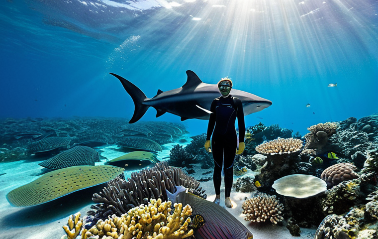 **Prompt:** A vibrant underwater scene in the clear, turquoise waters of the Indian Ocean near the Bazaruto Archipelago. Colorful coral reefs in shades of blue, yellow, and soft pink, teeming with diverse fish schools like elegant doctorfish and shimmering parrotfish. A majestic, gentle whale shark gracefully glides through the background. A professional diver, fully clothed in a modest, full-body wetsuit, observes the scene from a respectful distance. Sunlight filters through the surface, creating beautiful light rays. Natural body proportions, well-formed hands, perfect anatomy, correct proportions, natural pose, professional marine photography, high resolution, ultra-detailed, vivid colors, safe for work, appropriate content, fully clothed, modest clothing, family-friendly.