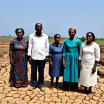 A dignified group of Mozambican adults, fully clothed in appropriate, modest attire, standing resiliently in a landscape affected by climate change. The scene captures either cracked, dry earth under a vast sky, with an emphasis on the challenge of water scarcity, or the immediate aftermath of a past storm, showing people working together to rebuild with local materials. The focus is on their collective strength and determination amidst adversity, conveying a sense of enduring hope rather than despair. Natural daylight, wide shot, emphasizing the vast environment and the people's stoic presence. safe for work, appropriate content, family-friendly, fully clothed, perfect anatomy, correct proportions, natural pose, well-formed hands, proper finger count, natural body proportions, professional photography, high quality.