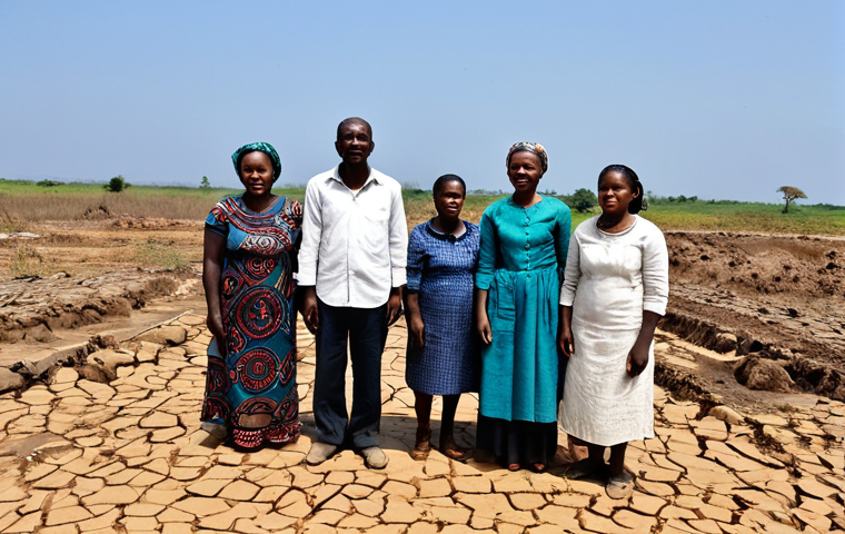 A dignified group of Mozambican adults, fully clothed in appropriate, modest attire, standing resiliently in a landscape affected by climate change. The scene captures either cracked, dry earth under a vast sky, with an emphasis on the challenge of water scarcity, or the immediate aftermath of a past storm, showing people working together to rebuild with local materials. The focus is on their collective strength and determination amidst adversity, conveying a sense of enduring hope rather than despair. Natural daylight, wide shot, emphasizing the vast environment and the people's stoic presence. safe for work, appropriate content, family-friendly, fully clothed, perfect anatomy, correct proportions, natural pose, well-formed hands, proper finger count, natural body proportions, professional photography, high quality.