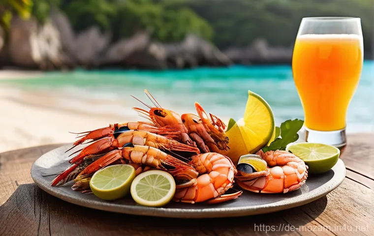 모잠비크에서 먹어봐야 할 음식 TOP 10 - **A Taste Explosion by the Sea: Exciting Seafood Feast**
    A close-up, mouth-watering image of a v...