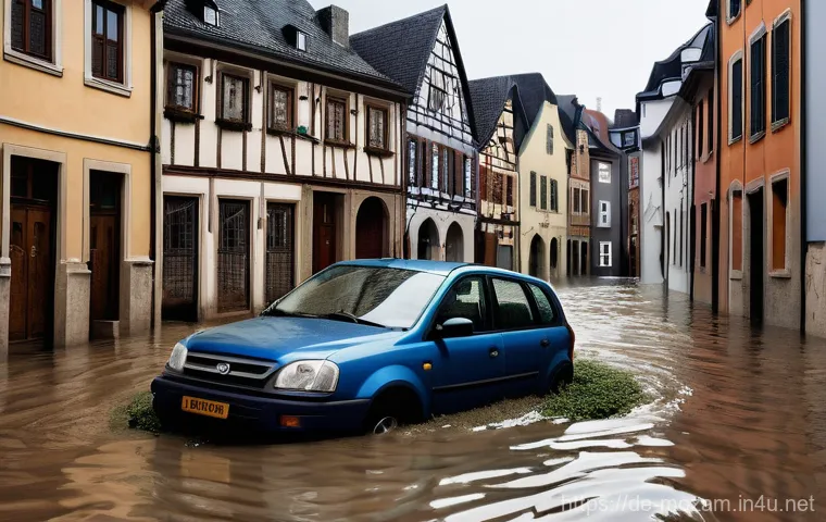 모잠비크 태풍 피해 사례 - **Prompt: Extreme Flood Event in a European Town**
    A dramatic, realistic depiction of a severe f...