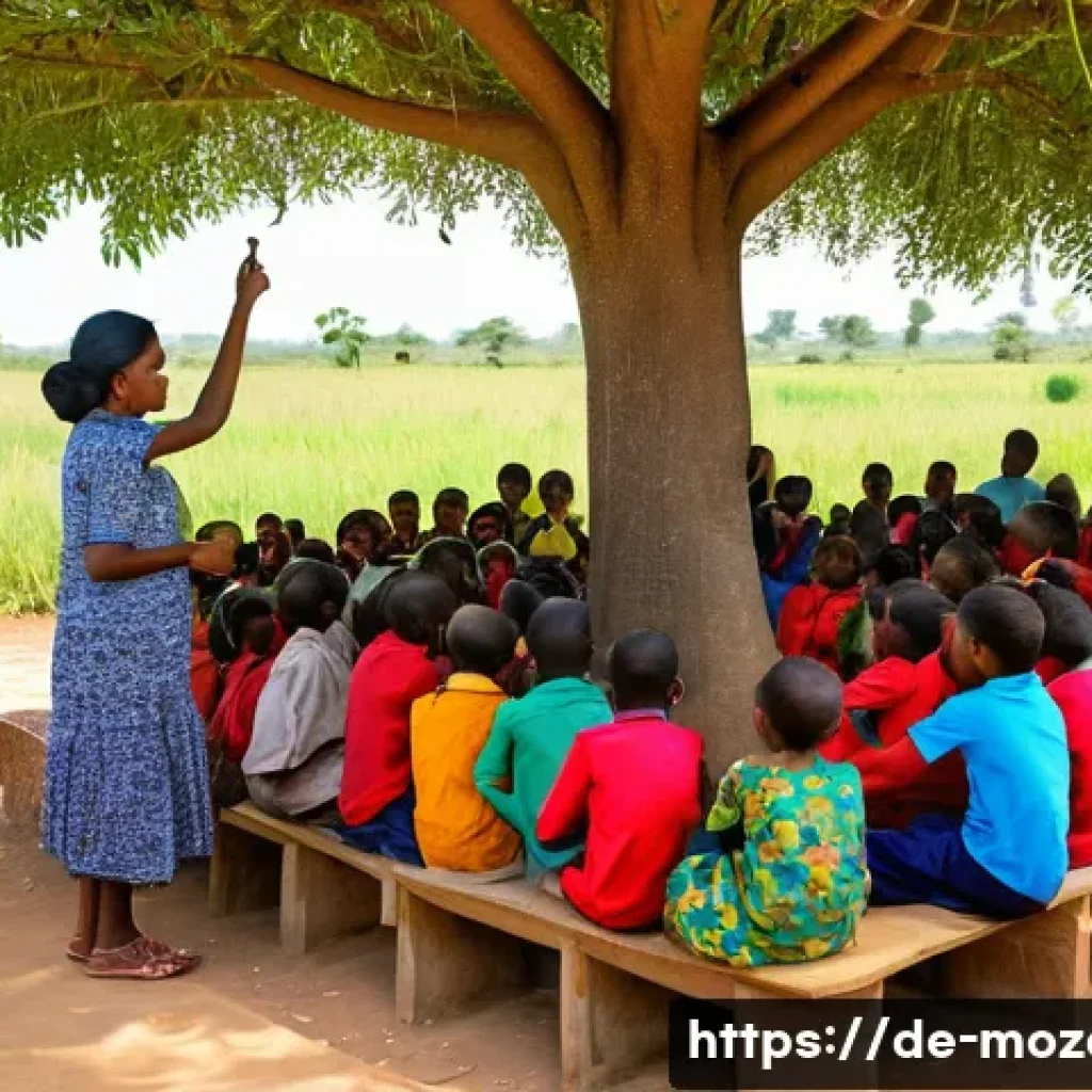 모잠비크의 NGO 활동 - **Prompt:** A vibrant and bustling outdoor classroom in a rural Mozambican village. A diverse group ...
