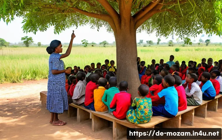 모잠비크의 NGO 활동 - **Prompt:** A vibrant and bustling outdoor classroom in a rural Mozambican village. A diverse group ...