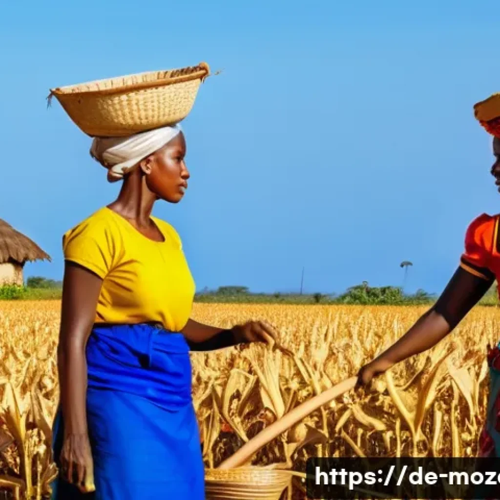 모잠비크 여성의 사회적 역할 - A vibrant rural Mozambique scene showing women farmers working together in a maize field, dressed in...