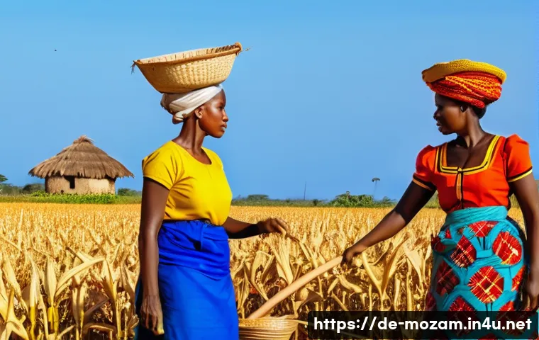 모잠비크 여성의 사회적 역할 - A vibrant rural Mozambique scene showing women farmers working together in a maize field, dressed in...