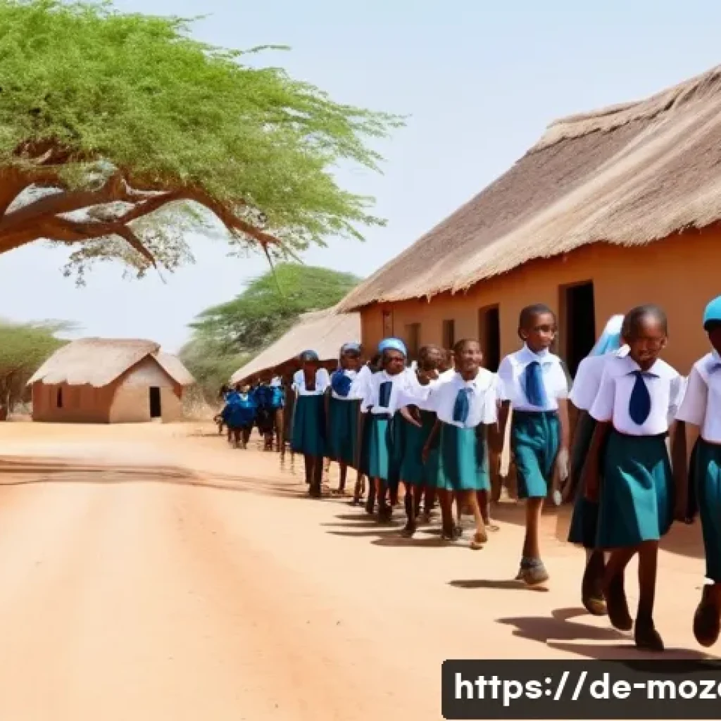 모잠비크의 교육 제도 - A rural Mozambican village school scene during daytime, showing a diverse group of children wearing ...