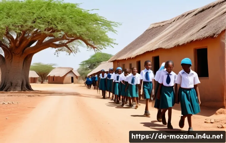 모잠비크의 교육 제도 - A rural Mozambican village school scene during daytime, showing a diverse group of children wearing ...