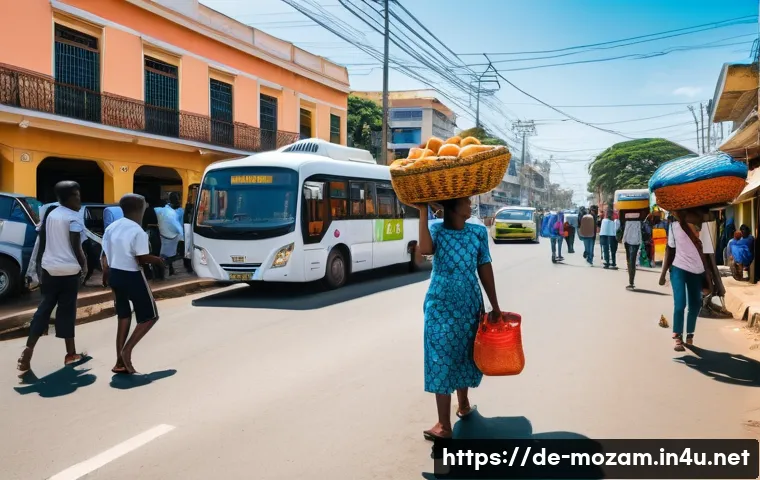 모잠비크에서 유용한 현지 앱 - A bustling urban street scene in Maputo, Mozambique, showcasing diverse people using smartphones wit...