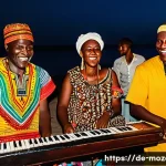 Home 20 모잠비크에서 인기 있는 음악 장르 - A vibrant street festival scene on a Mozambican coastline at sunset, featuring diverse musicians pla...
