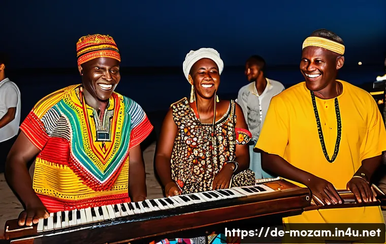 모잠비크에서 인기 있는 음악 장르 - A vibrant street festival scene on a Mozambican coastline at sunset, featuring diverse musicians pla...