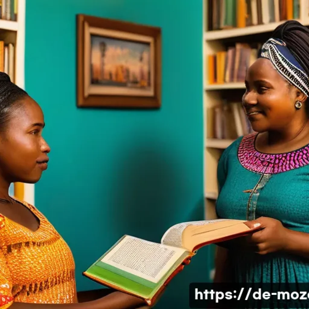 모잠비크 문학과 주요 작가 - A vibrant literary scene in Mozambique featuring a diverse group of authors and readers in a cozy li...