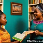 Home 19 모잠비크 문학과 주요 작가 - A vibrant literary scene in Mozambique featuring a diverse group of authors and readers in a cozy li...