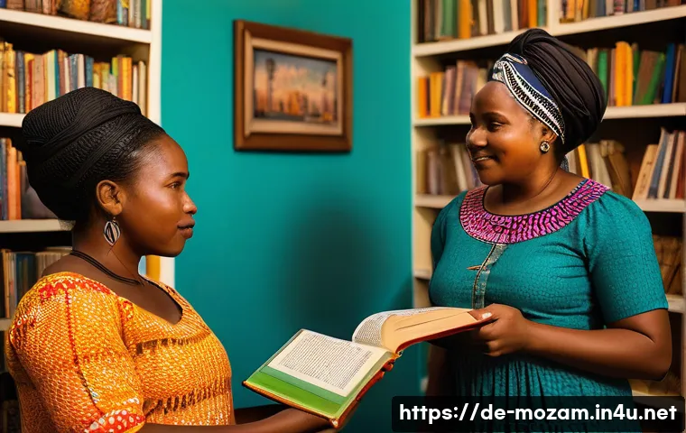 모잠비크 문학과 주요 작가 - A vibrant literary scene in Mozambique featuring a diverse group of authors and readers in a cozy li...
