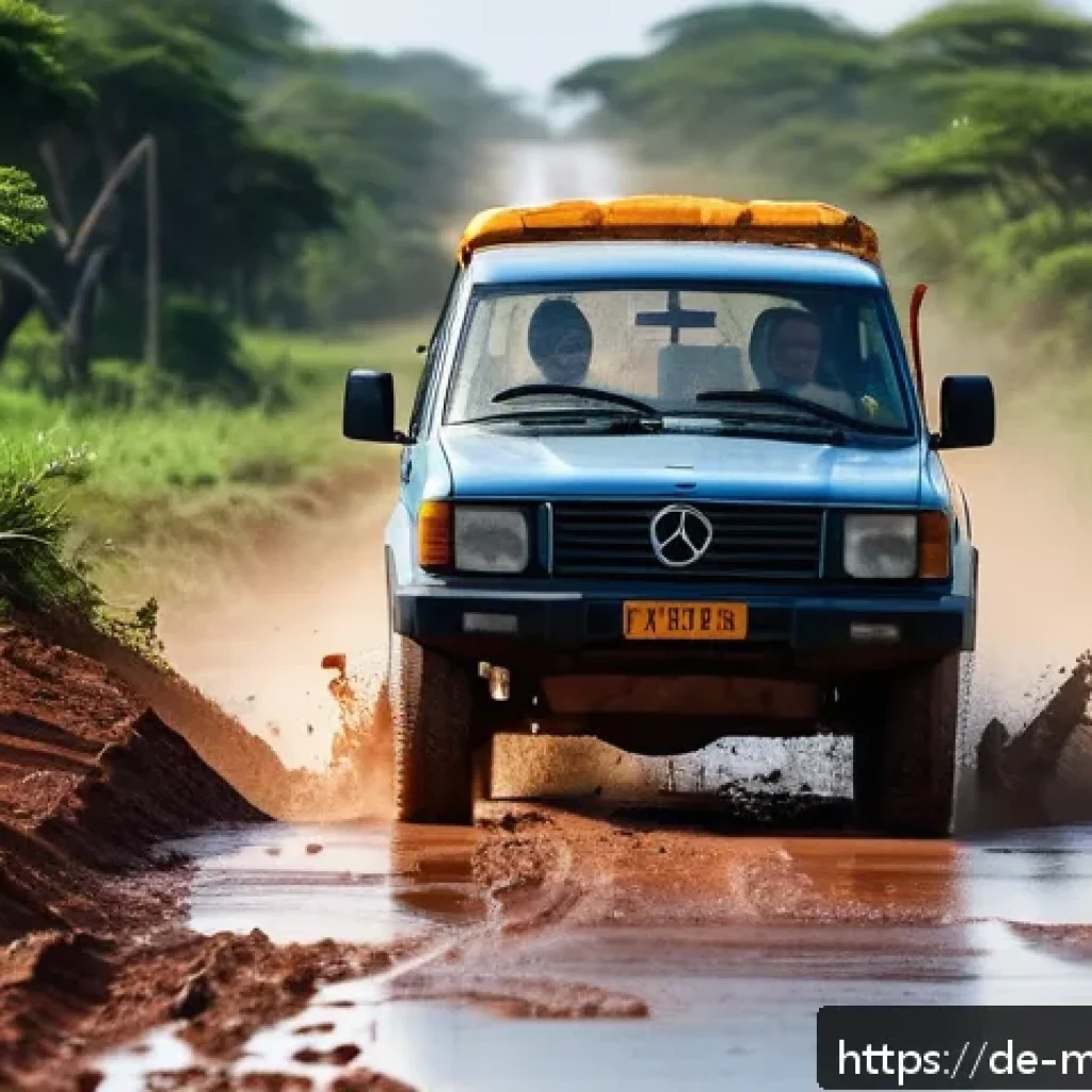 모잠비크 여행 주의사항 - A detailed scene of a rugged Mozambican rural road during the rainy season, showing a sturdy all-whe...
