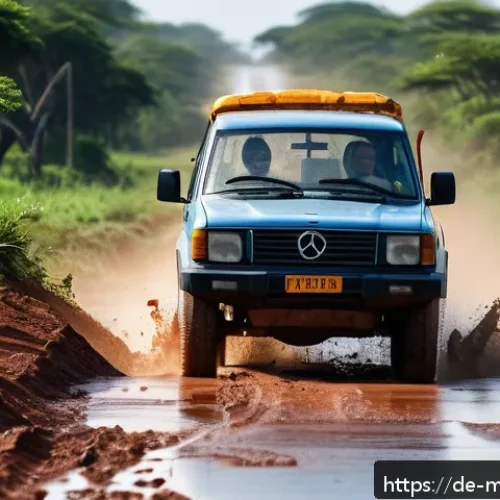 Home 30 모잠비크 여행 주의사항 - A detailed scene of a rugged Mozambican rural road during the rainy season, showing a sturdy all-whe...