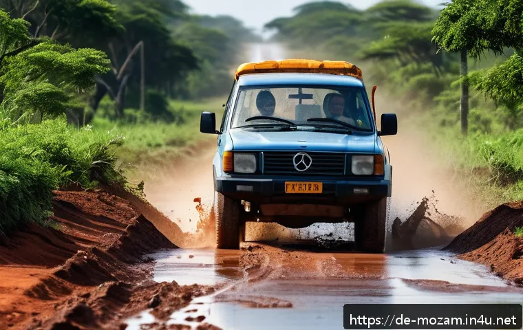 모잠비크 여행 주의사항 - A detailed scene of a rugged Mozambican rural road during the rainy season, showing a sturdy all-whe...
