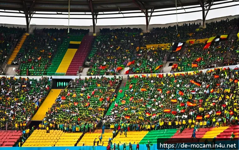 모잠비크에서 열리는 스포츠 경기 - A vibrant scene inside a packed Mozambican football stadium during a Mo&ccedil;ambola league match, showcas...