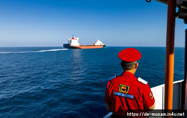 모잠비크와 인도양 해적 문제 - Photorealistic wide-angle view of a modern coast guard patrol vessel safeguarding a container ship o...