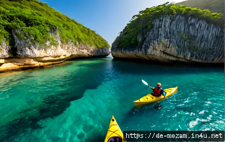 모잠비크에서 모험 여행 즐기기 - Photorealistic wide-angle scene of two German adult adventure travelers kayaking through crystal-cle...